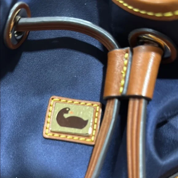 Dooney & Bourke Italian Nylon Navy and Brown Hobo Drawstring Bag - Picture 2 of 15